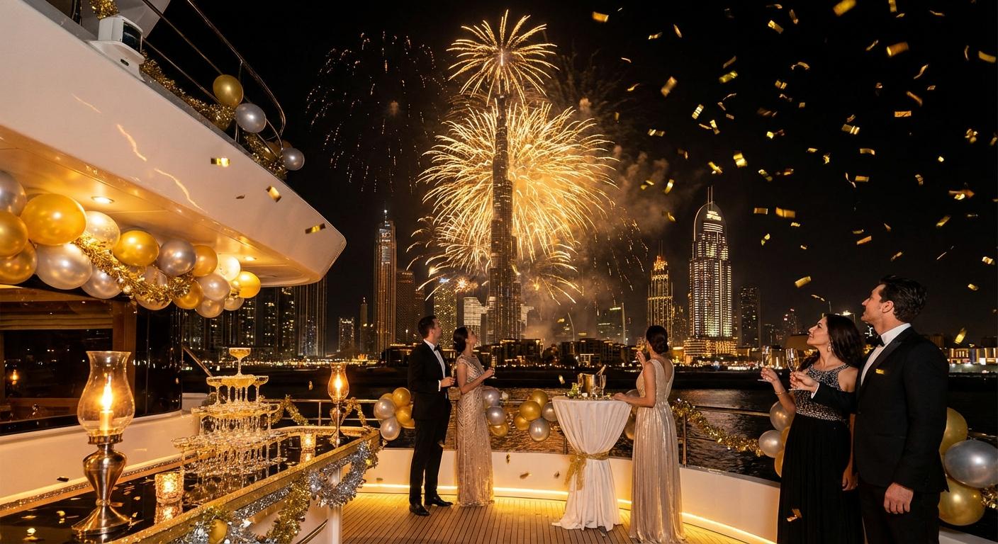 Guests in evening dress on the aft deck at night, fireworks over the skyline behind them