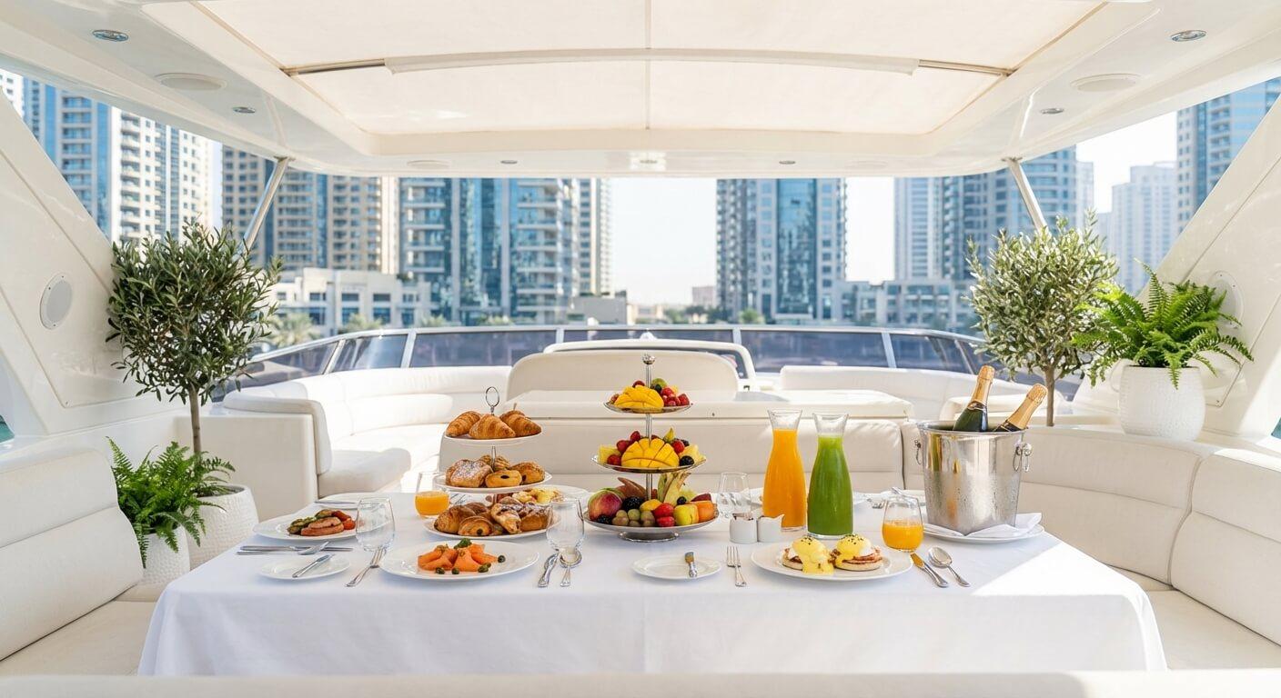 Fruit, pastries and juices laid out on a shaded deck, the Marina towers in bright daylight