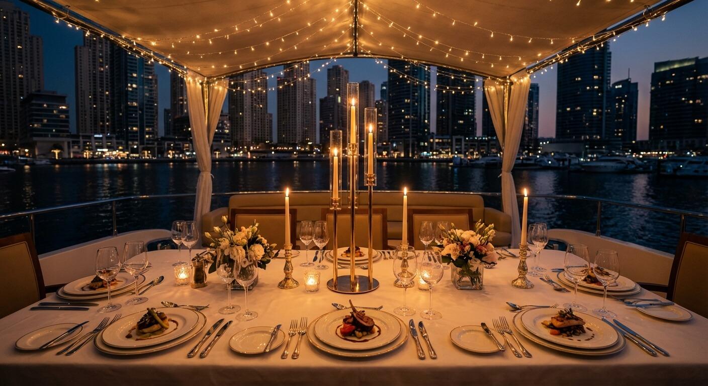 A candlelit dinner table under a canopy of string lights on the aft deck, the skyline at night