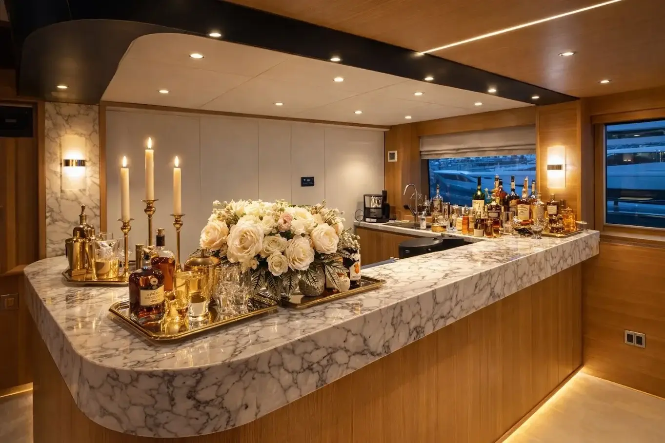 Curved stone bar counter with candlesticks and white roses aboard Carmen
