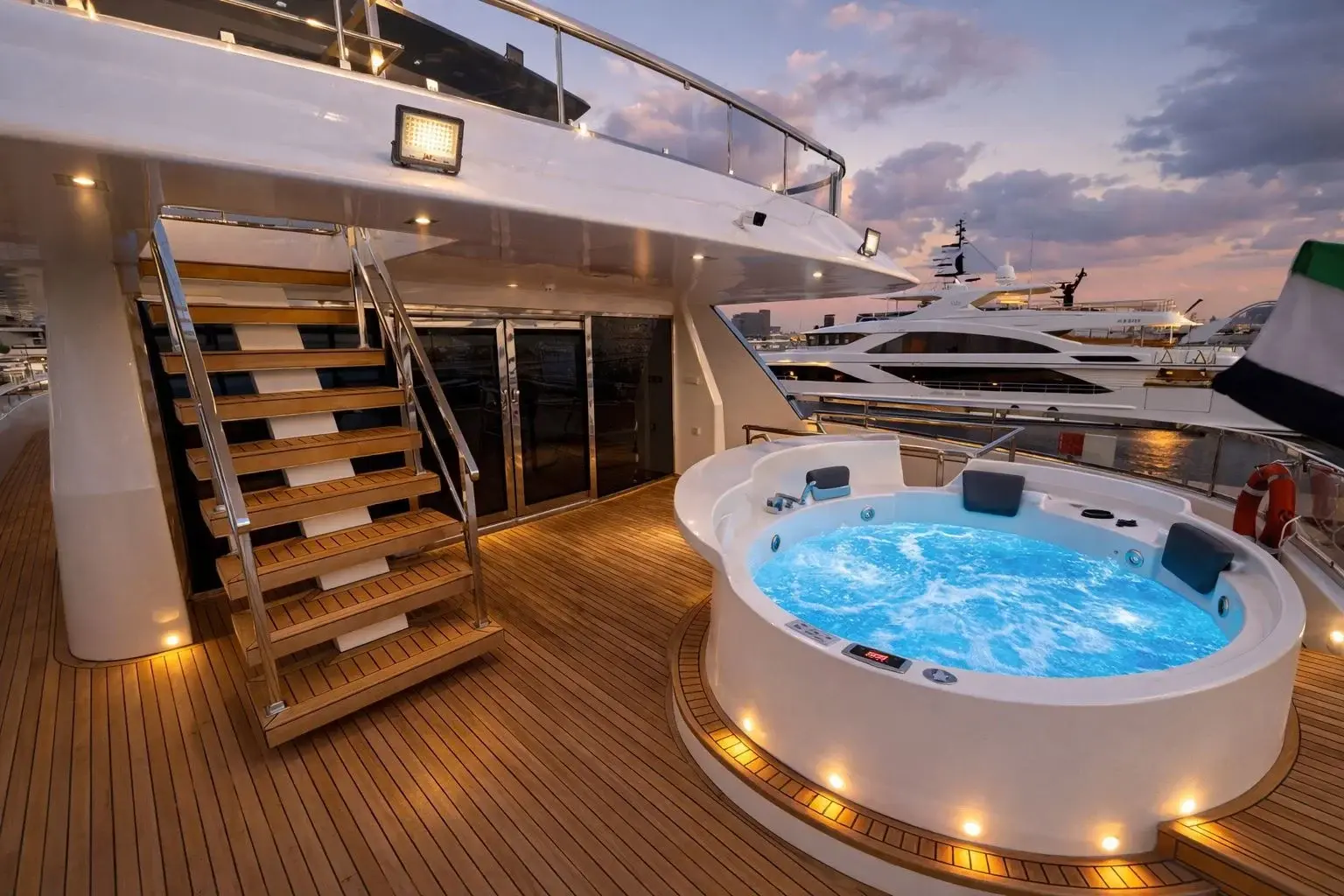 Lit jacuzzi on a teak base on Carmen deck at dusk, beside a teak staircase