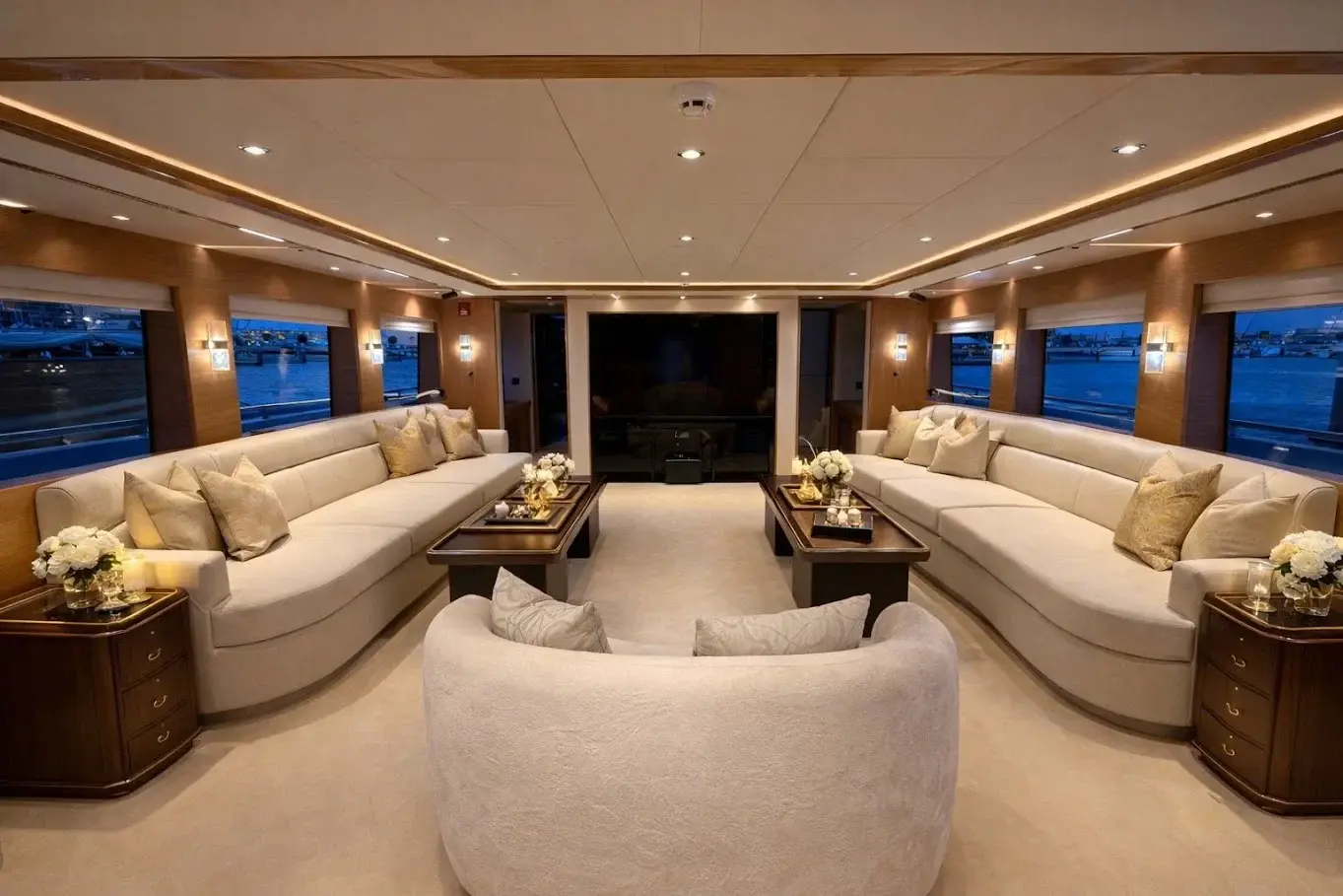 Ivory sofas with gold cushions and dark timber side tables in the Carmen salon