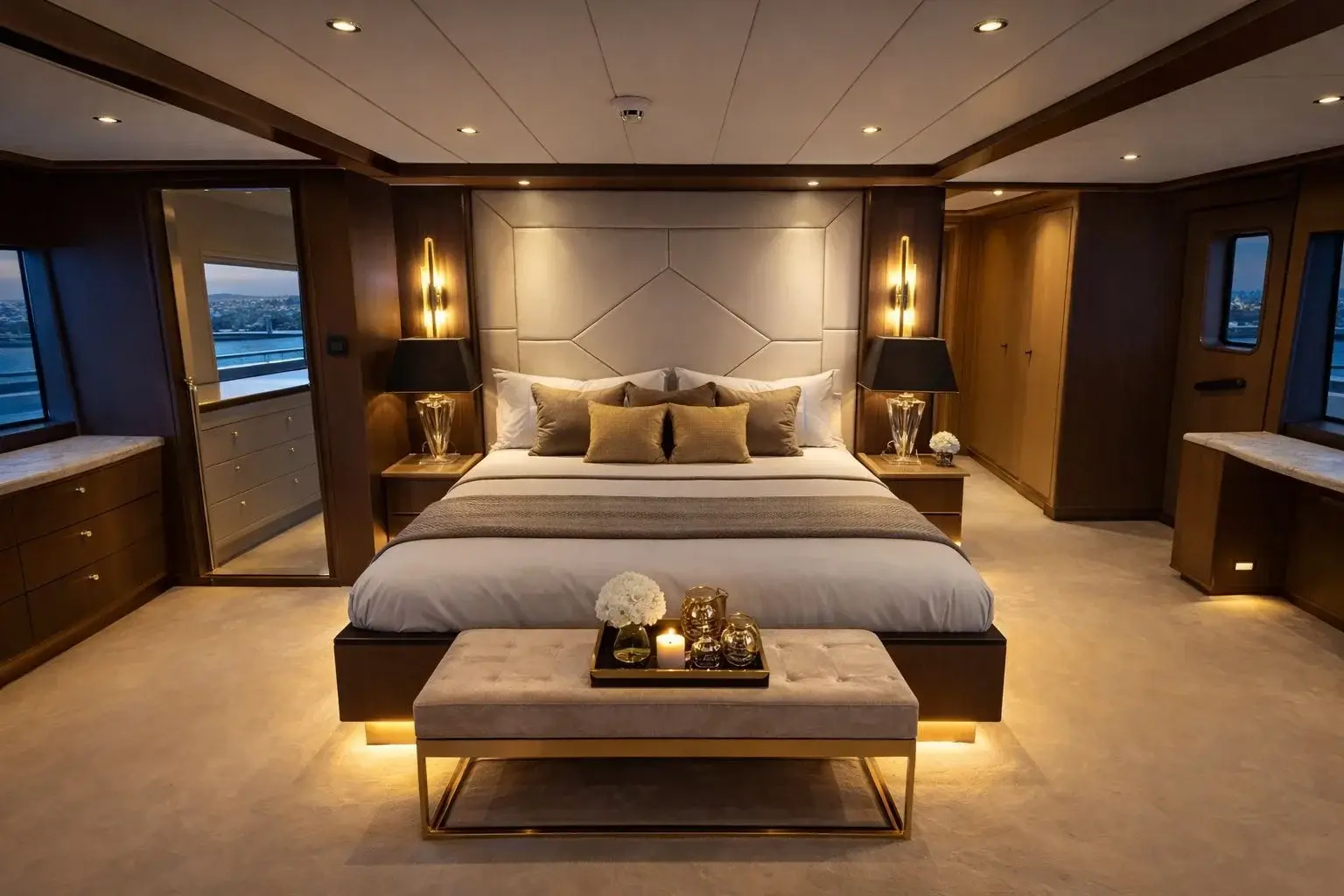 Carmen guest suite with a double bed, warm wall lights and timber wardrobes