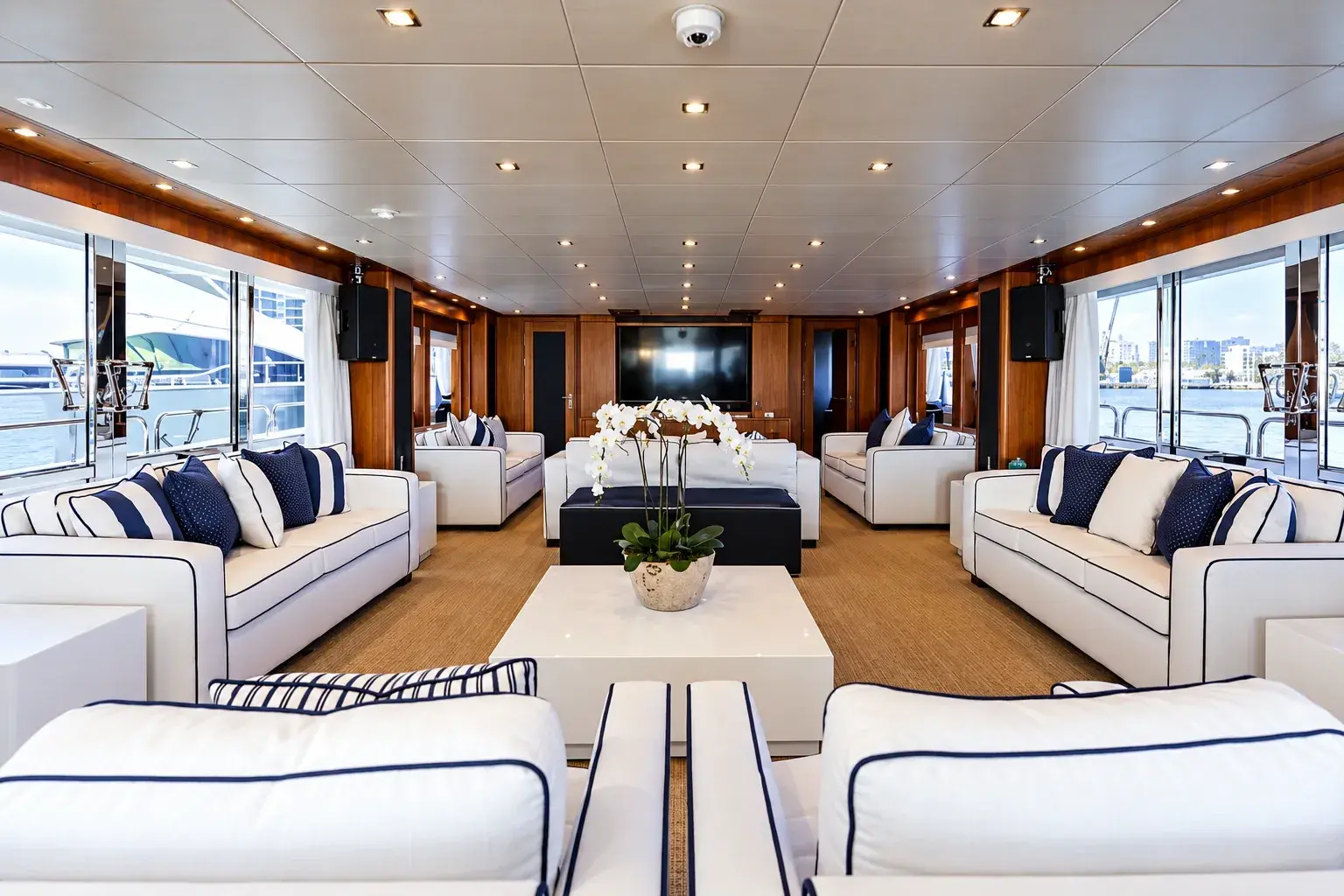 Illustration of the Liquid Asset saloon, with white sofas piped in navy, striped cushions, orchids on a white table and timber panelling