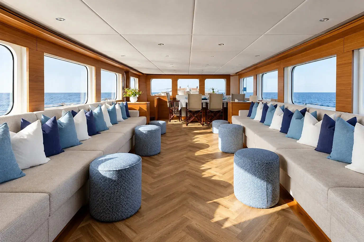 Illustration of the Melody 2 saloon, with long sofas lined with blue and white cushions, round upholstered pouffes, a herringbone floor and a dining table at the far end