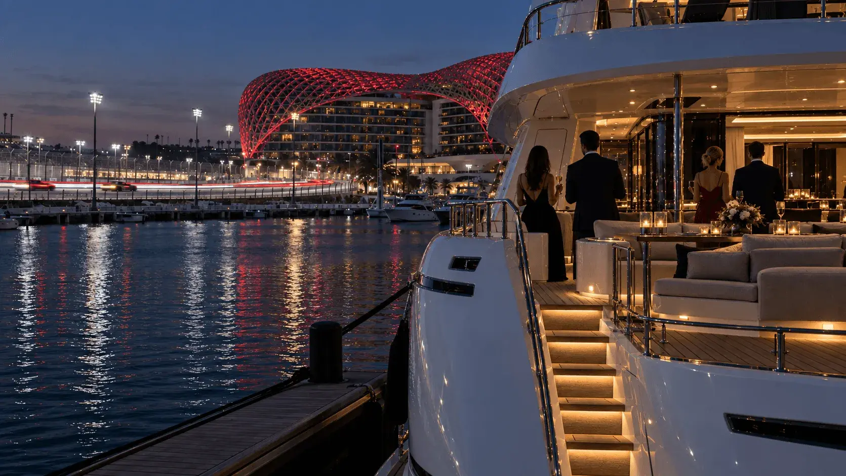 Guests in evening wear on the aft deck of a yacht at Yas Marina at blue hour, the hotel canopy lit red behind. 15 yachts are berthed here for the Abu Dhabi Grand Prix