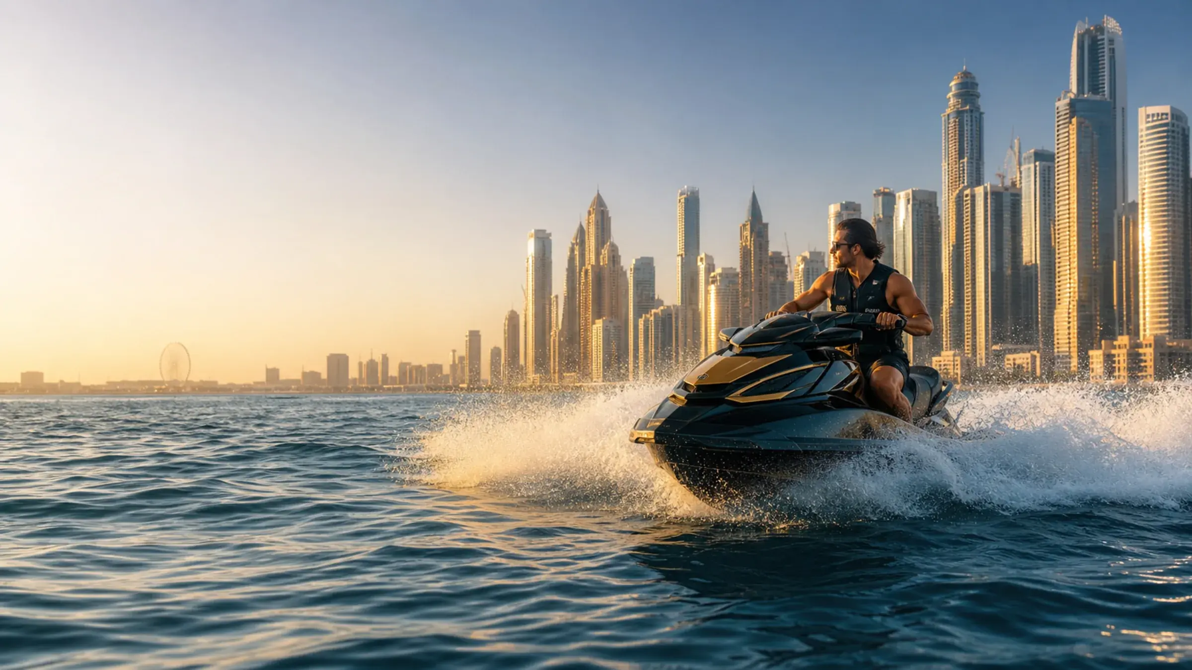 Jet ski Dubai ride with Dubai Marina skyline behind the water