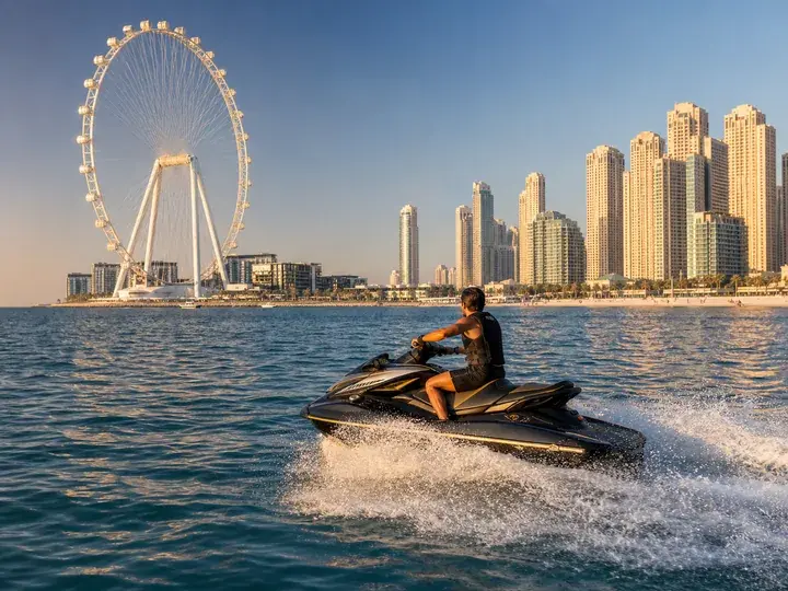 Jet ski near Bluewaters Island, Ain Dubai and JBR coastline