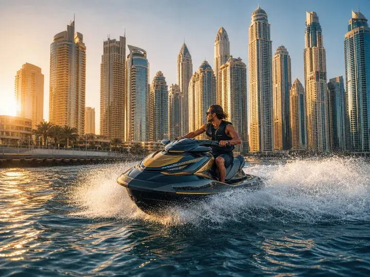 Jet ski Dubai Marina ride in front of waterfront towers