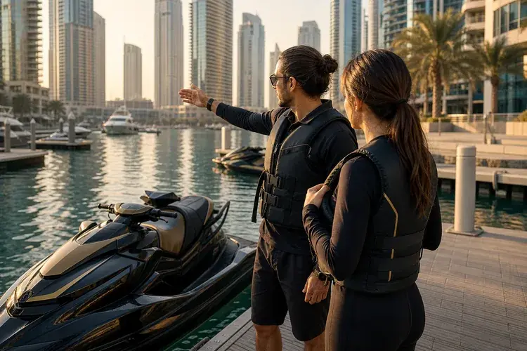 Jet ski safety briefing at Dubai Marina dock before the ride