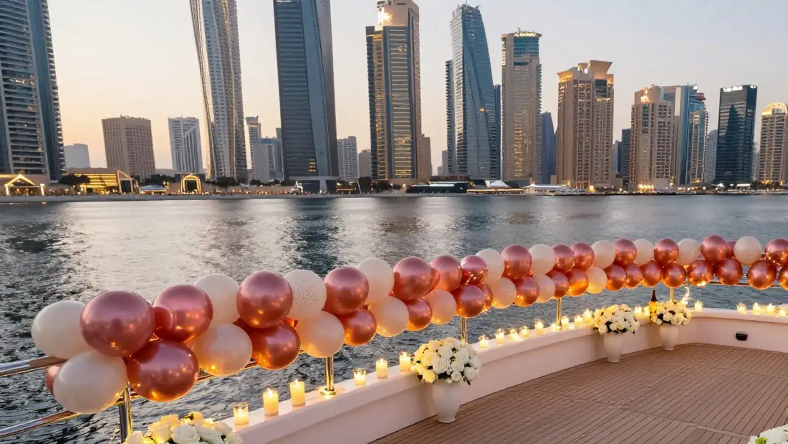 Balloon and floral decorations installed on a Dubai yacht deck before boarding