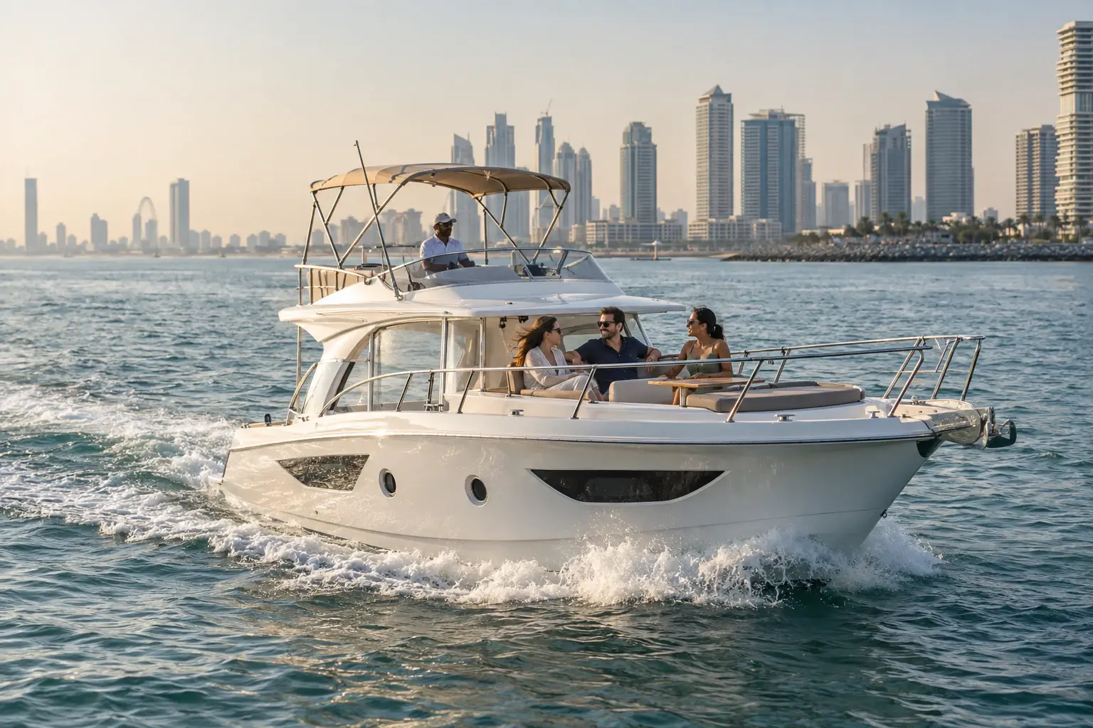 Three friends relax aboard a compact motor cruiser underway outside Phuket in the morning light