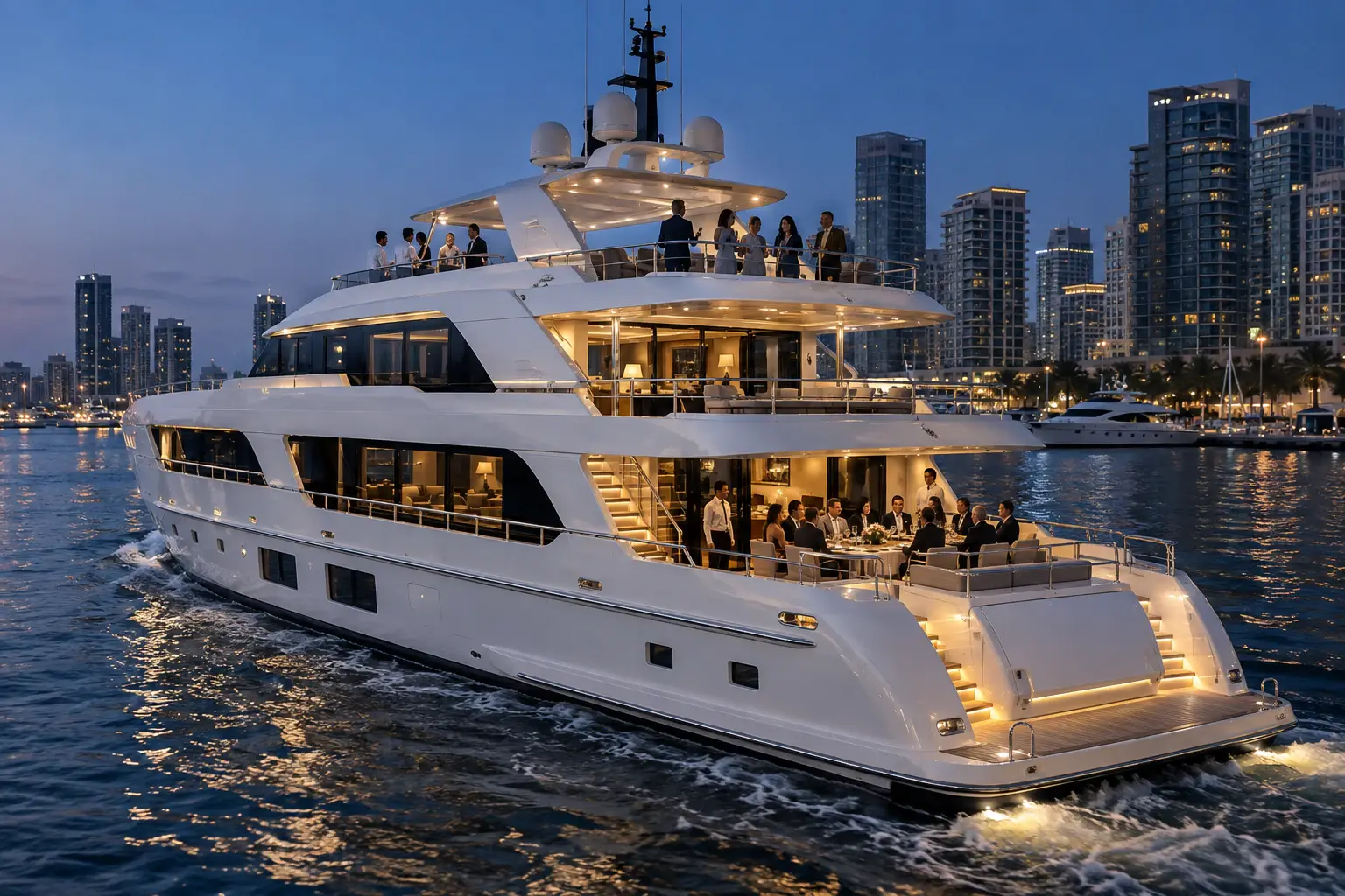 A corporate dinner and evening reception unfold across the decks of a mega yacht cruising Phuket at blue hour