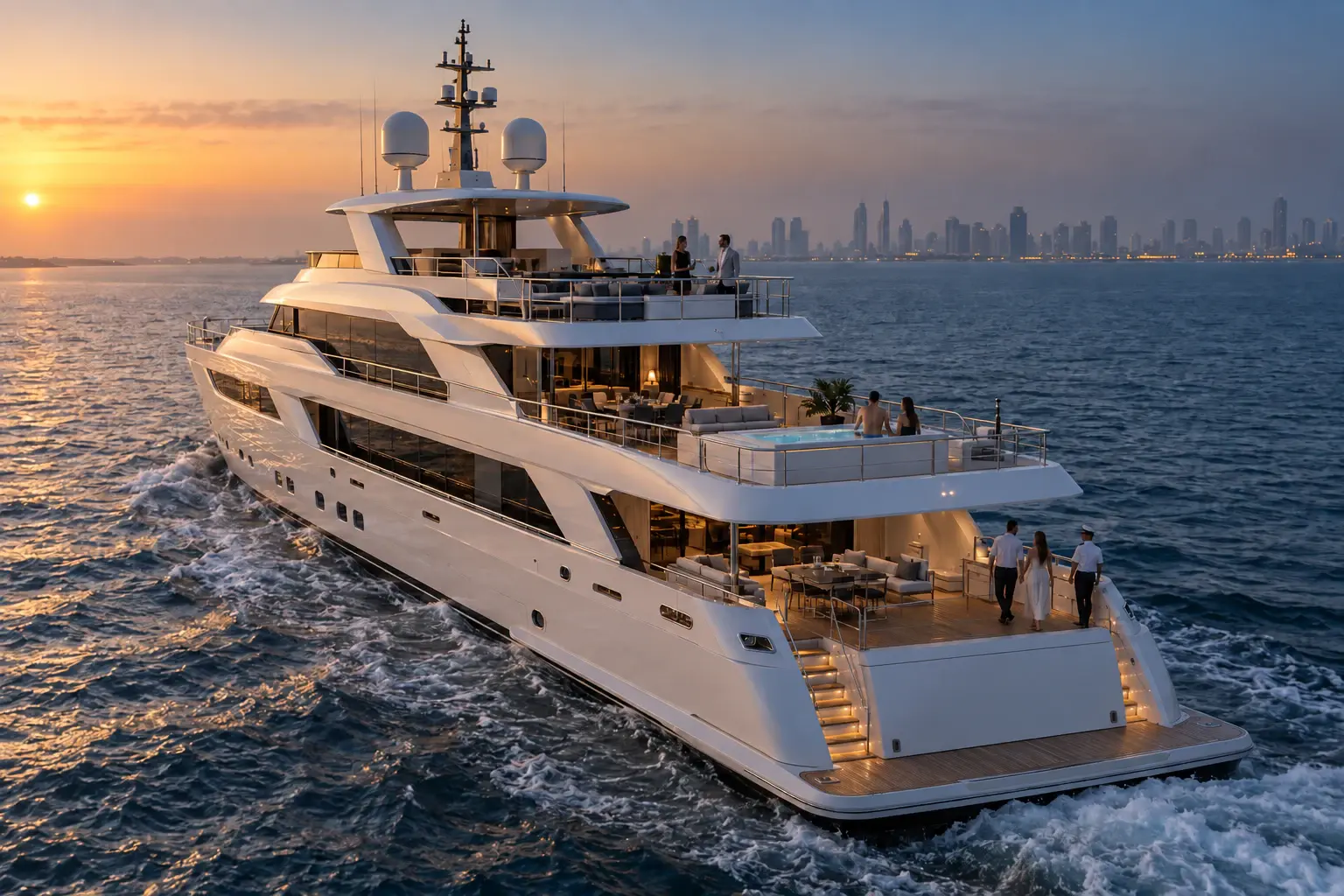 A private superyacht with an aft-deck pool cruises off Thailand as golden hour gives way to blue hour