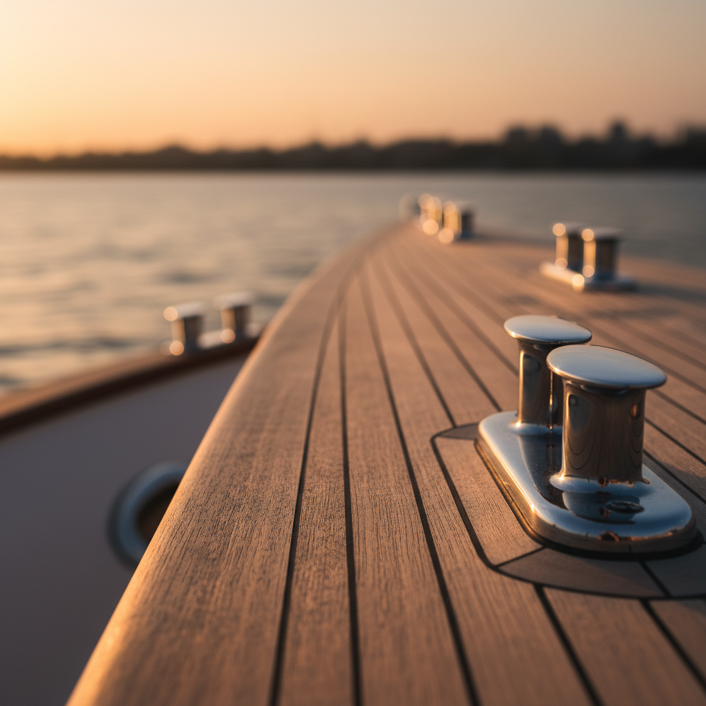 Low sun across a teak deck and polished cleats, calm water beyond the rail