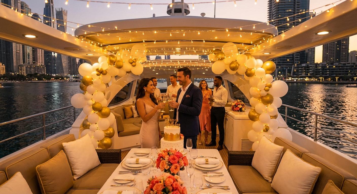 Guests raising a toast beside a birthday cake under string lights on a decorated yacht deck