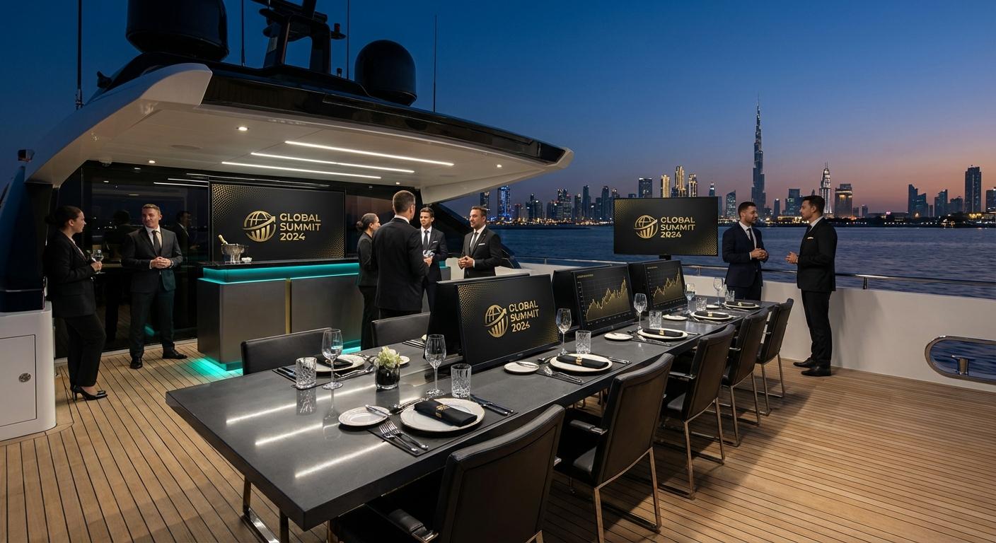 A long dining table set for a company dinner on the aft deck, the city skyline lit at dusk