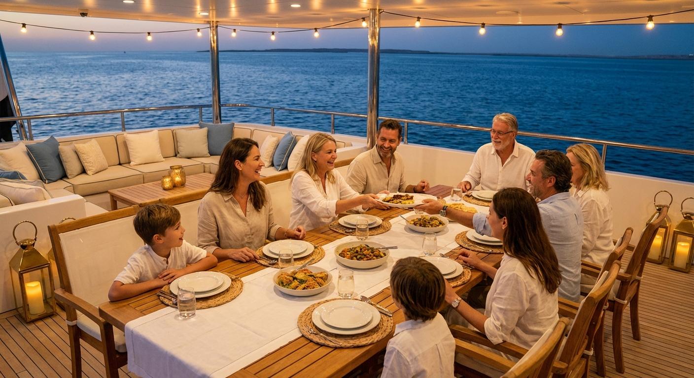 Three generations of a family sharing dinner at a long table on deck, open water behind them
