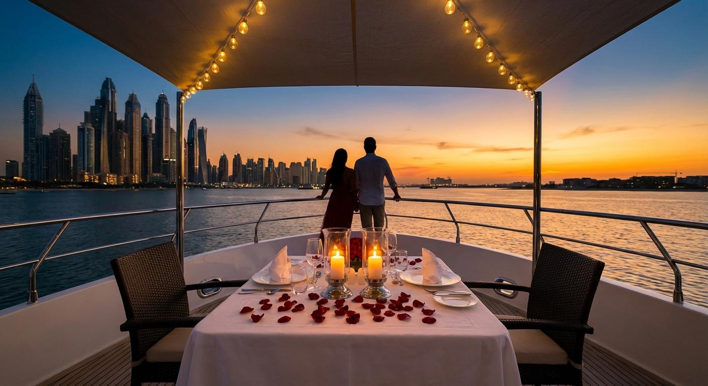 A couple at the bow rail at sunset, a candlelit table for two set behind them