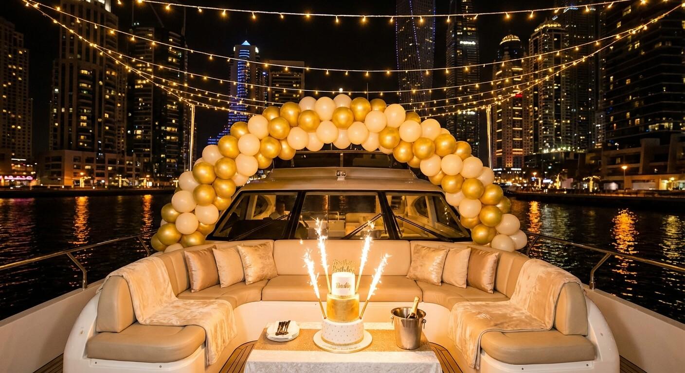 A gold balloon arch over the aft deck seating, a birthday cake lit with sparklers, Marina lights behind