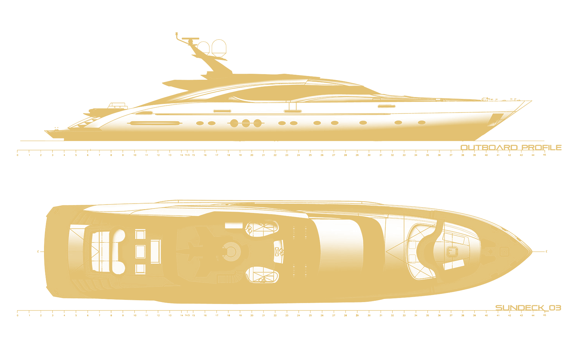 Gold side-profile drawing of the 42 m AK Royalty showing her decks