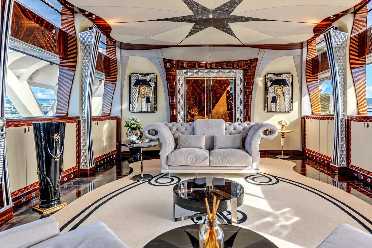 Illustration of a Big Boaty lounge with a tufted grey sofa, striped timber panelling, faceted silver columns and a star-patterned ceiling