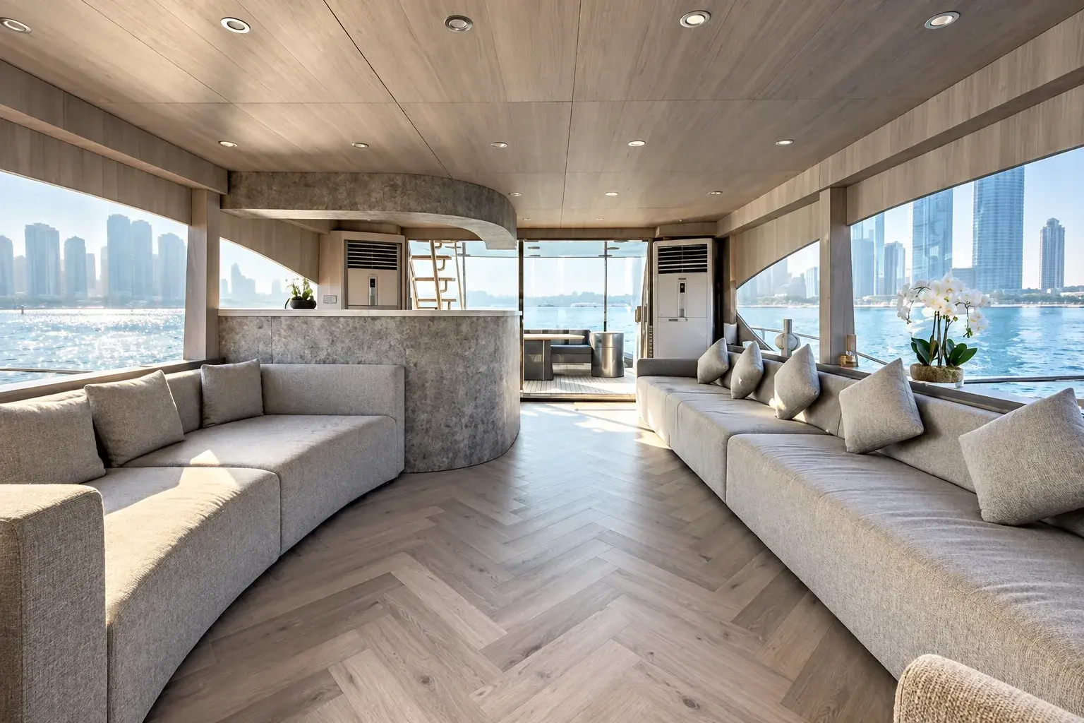 Illustration of the Grey Beast lounge, with pale grey sofas, a herringbone timber floor, a curved stone-clad counter and wide windows onto the water