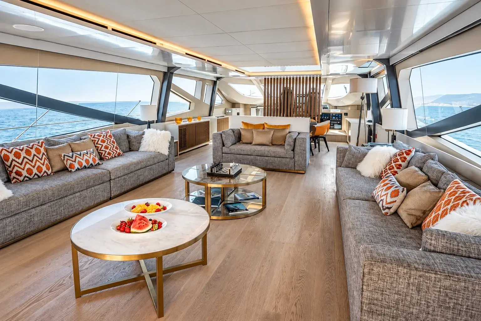 Illustration of the Out of Office main saloon, with grey sofas, orange patterned cushions, brass-framed round tables and angled windows onto the sea