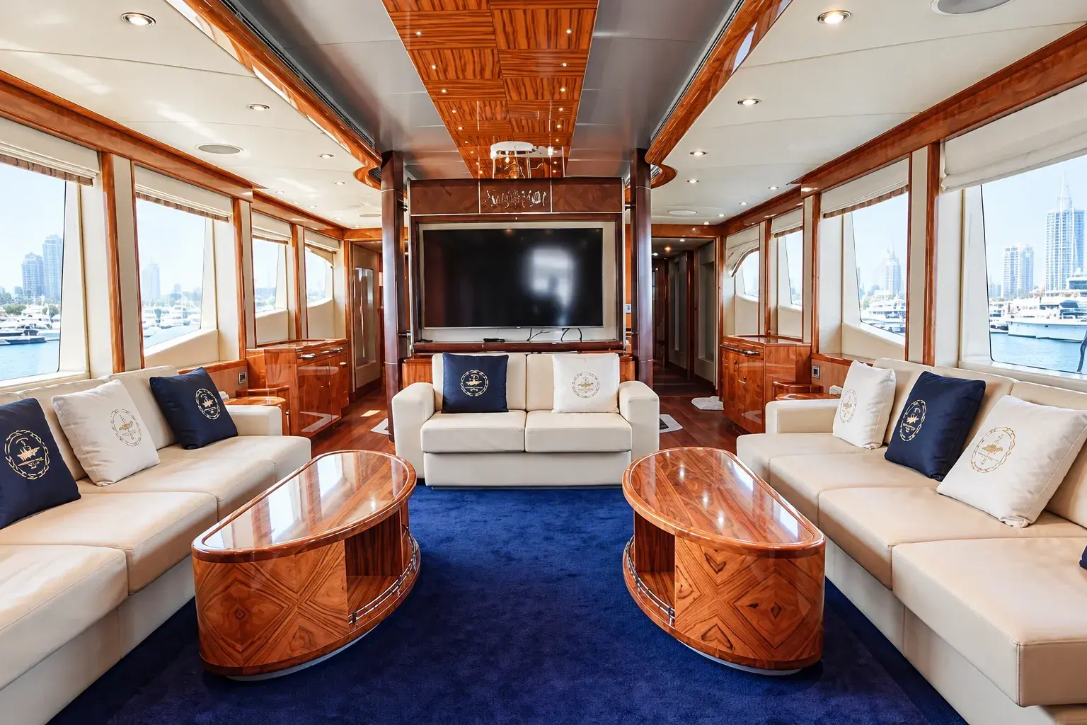 Illustration of the Sea Breeze main saloon, with cream sofas, navy cushions, two polished timber tables and windows down both sides