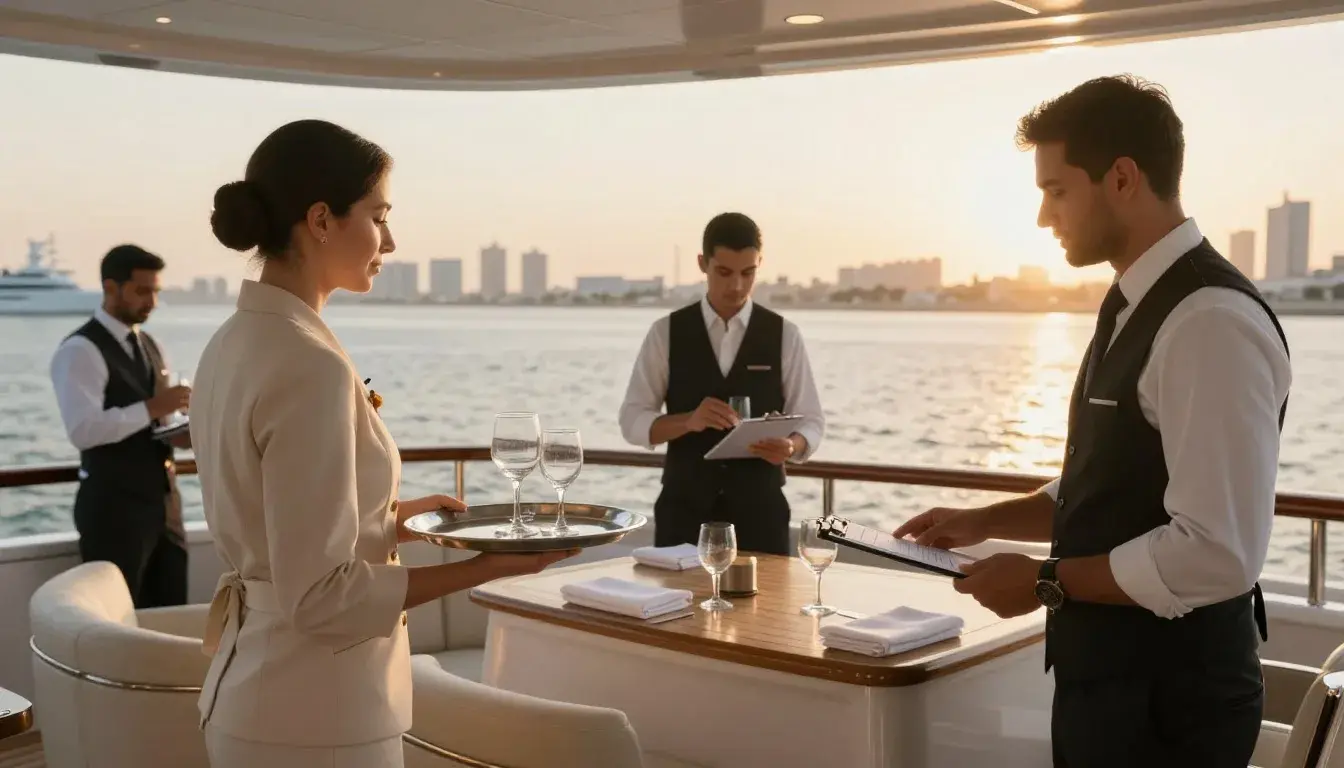 Yacht hospitality staff preparing table service on a Dubai yacht deck at sunset