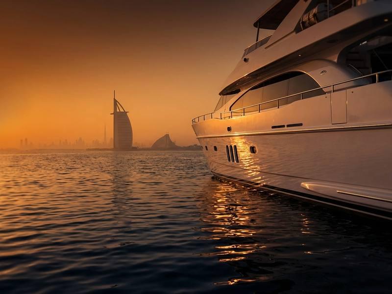 A yacht passing the Burj Al Arab in amber light as the sun drops toward the horizon