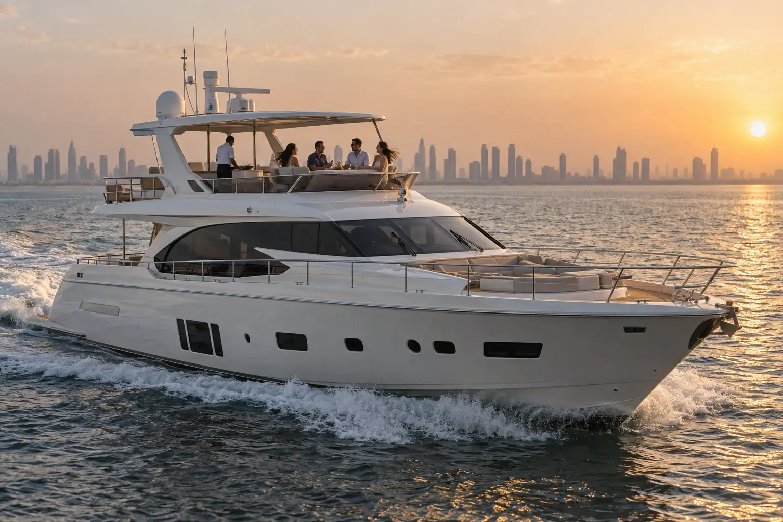 Guests dine on the flybridge of a private luxury yacht crossing calm water near Dubai at golden hour