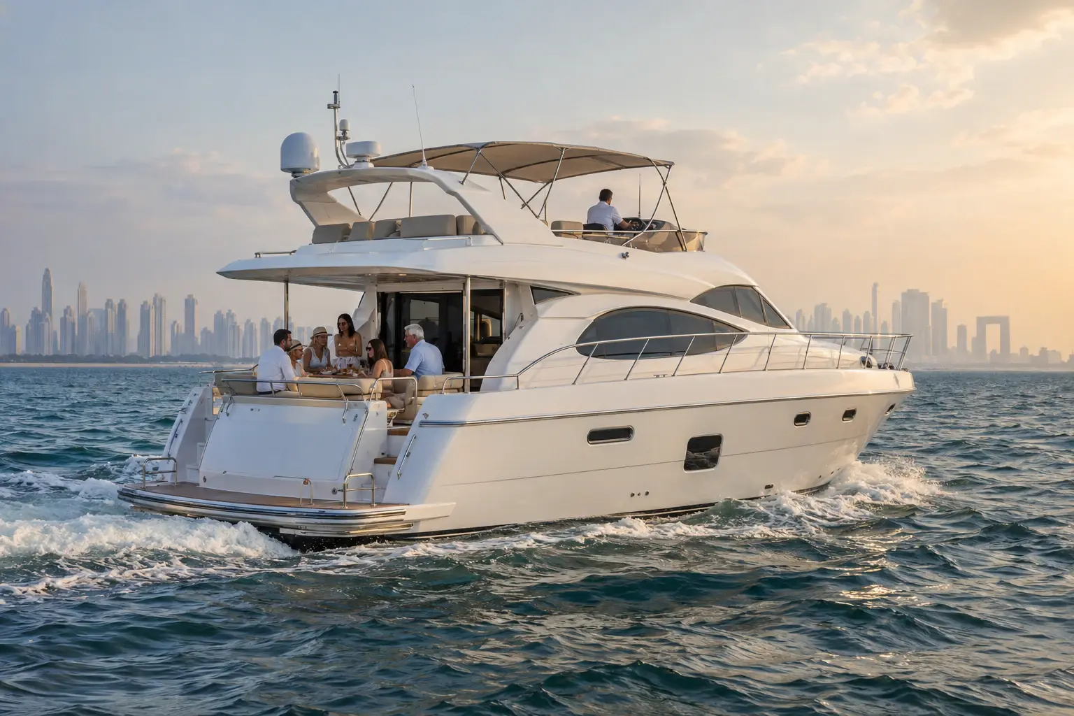 Family and friends share the aft deck of a mid-size flybridge yacht cruising off Bali in late-afternoon light